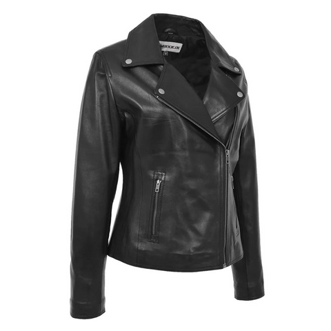 Maxkik Women’s Soft Leather Cross Zip Biker Jacket Black Leather Moto Jacket