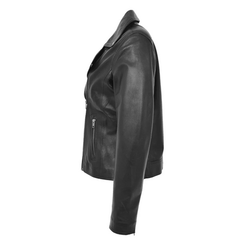 Maxkik Women’s Soft Leather Cross Zip Biker Jacket Black Leather Moto Jacket