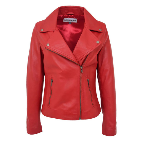 Maxkik Women’s Soft Leather Cross Zip Biker Jacket Red Leather Moto Jacket