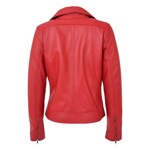 Maxkik Women’s Soft Leather Cross Zip Biker Jacket Red Leather Moto Jacket
