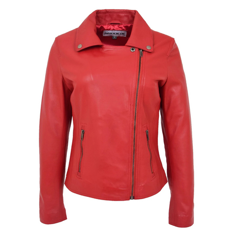 Maxkik Women’s Soft Leather Cross Zip Biker Jacket Red Leather Moto Jacket