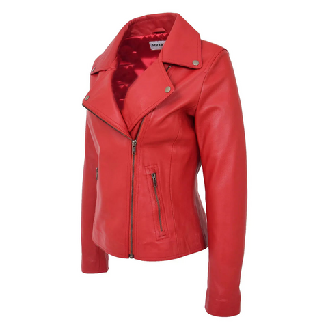 Maxkik Women’s Soft Leather Cross Zip Biker Jacket Red Leather Moto Jacket
