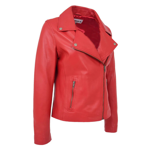 Maxkik Women’s Soft Leather Cross Zip Biker Jacket Red Leather Moto Jacket