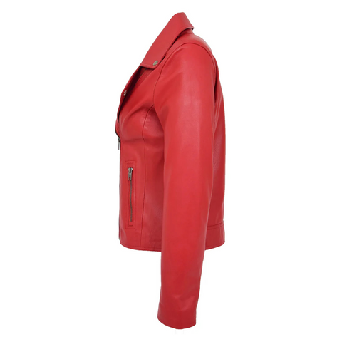 Maxkik Women’s Soft Leather Cross Zip Biker Jacket Red Leather Moto Jacket