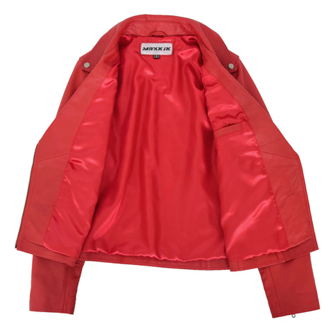 Maxkik Women’s Soft Leather Cross Zip Biker Jacket Red Leather Moto Jacket