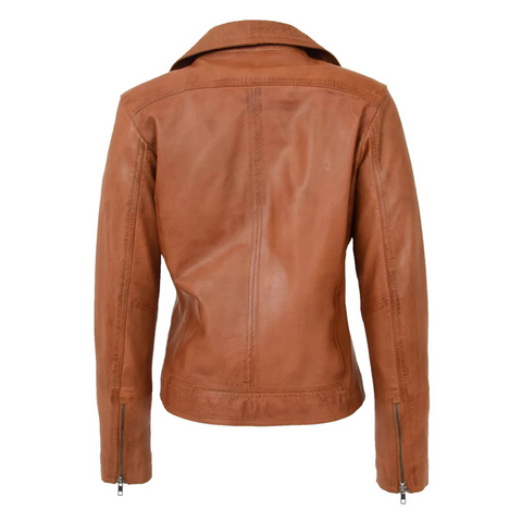 Maxkik Women’s Soft Leather Cross Zip Biker Jacket Tan Leather Moto Jacket