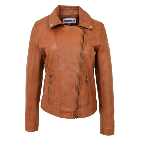 Maxkik Women’s Soft Leather Cross Zip Biker Jacket Tan Leather Moto Jacket