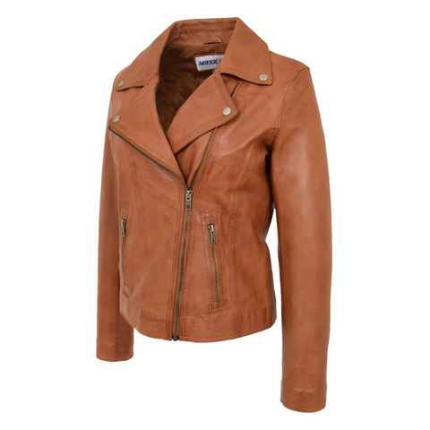 Maxkik Women’s Soft Leather Cross Zip Biker Jacket Tan Leather Moto Jacket