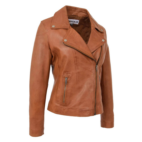 Maxkik Women’s Soft Leather Cross Zip Biker Jacket Tan Leather Moto Jacket