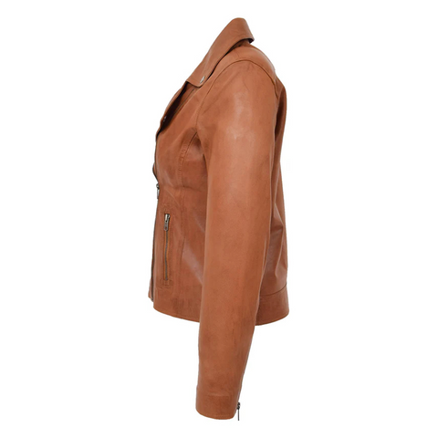 Maxkik Women’s Soft Leather Cross Zip Biker Jacket Tan Leather Moto Jacket