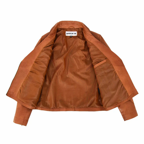 Maxkik Women’s Soft Leather Cross Zip Biker Jacket Tan Leather Moto Jacket