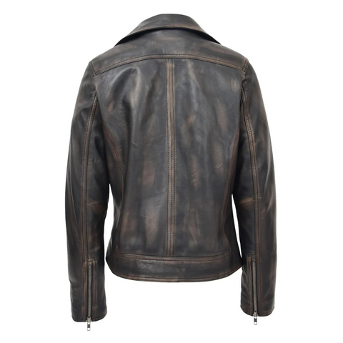 Maxkik Women’s Leather Cross Zip Biker Jacket Vintage Black Leather Moto Jacket