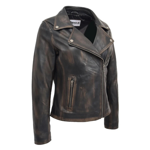 Maxkik Women’s Leather Cross Zip Biker Jacket Vintage Black Leather Moto Jacket