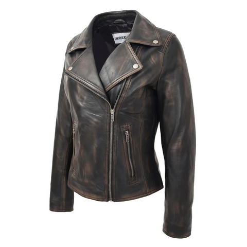 Maxkik Women’s Leather Cross Zip Biker Jacket Vintage Black Leather Moto Jacket