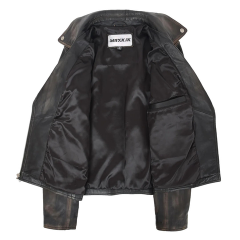 Maxkik Women’s Leather Cross Zip Biker Jacket Vintage Black Leather Moto Jacket