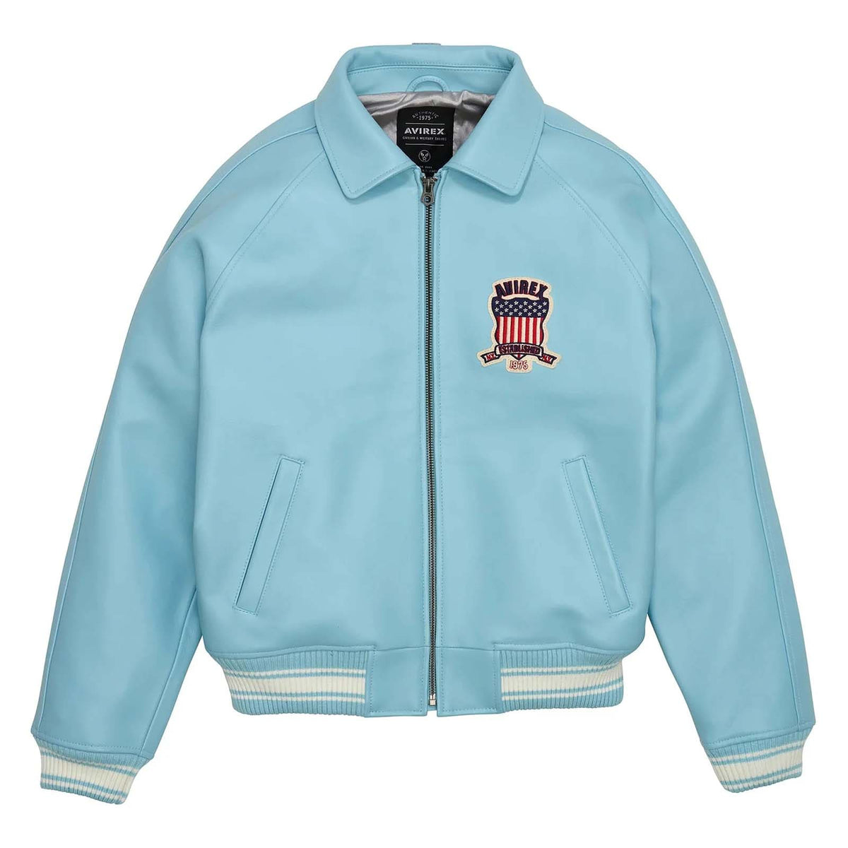 Men’s Avirex Style Bomber Jacket Light Blue Aviator Vintage Leather Jacket
