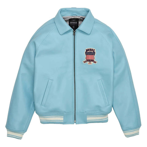 Men’s Avirex Style Bomber Jacket Light Blue Aviator Vintage Leather Jacket