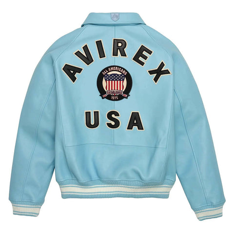 Men’s Avirex Style Bomber Jacket Light Blue Aviator Vintage Leather Jacket