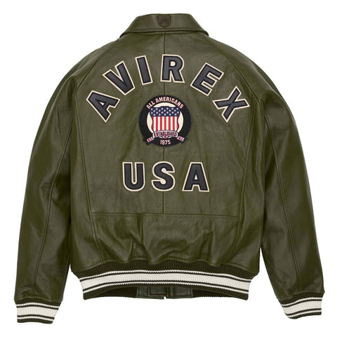 Men’s Avirex Leather Jacket Olive Leather Bomber Jacket Aviator Style