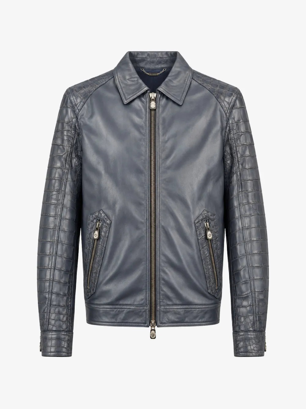 Billionaire Crocodile-Effect Panelled Leather Jacket Dark Blue