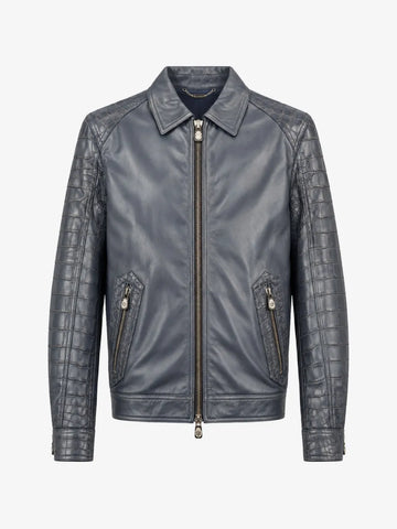 Billionaire Crocodile-Effect Panelled Leather Jacket Dark Blue