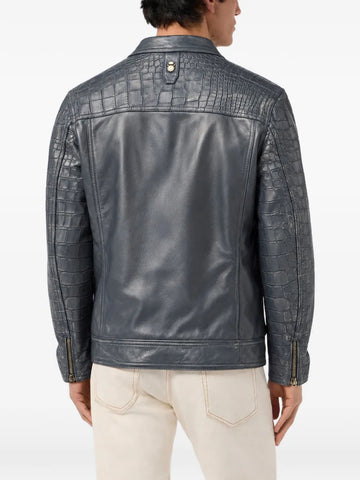 Billionaire Crocodile-Effect Panelled Leather Jacket Dark Blue