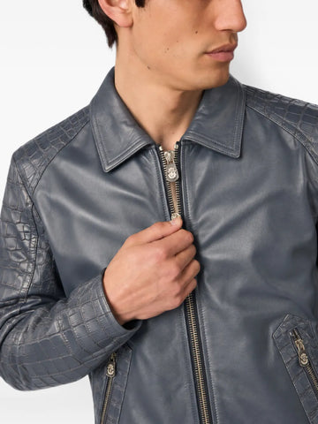Billionaire Crocodile-Effect Panelled Leather Jacket Dark Blue
