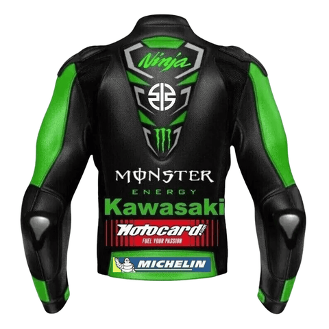 Kawasaki Ninja Monster Leather Motorcycle Jacket Green CE Armor Racing Biker Coat